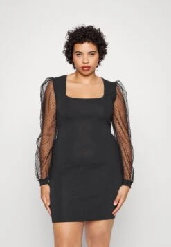 Bodycon Sleeves Low Neck Mini Dress- Vestido De Punto - Black