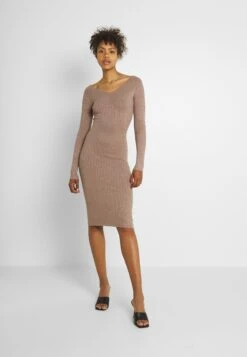 Even&Odd V Ausschnitt Ripp Mini Strickkleid - Vestido De Tubo - Taupe